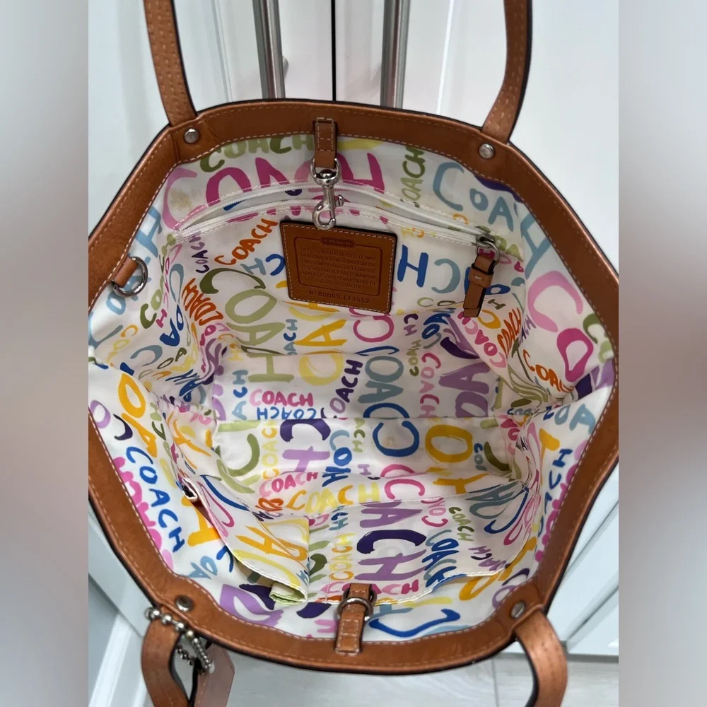 Coach Hampton Canvas Vintage Tote Bag Pastel Striped Leather Trim Y2K - Picture 5 of 5